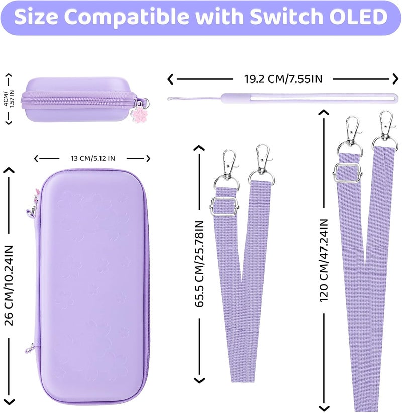 F'DIARY Purple Travel Carrying Case for Nintendo Switch OLED with Sakura Design Portable Accessories Kit with Slim Storage Bag, Dockable PC Skin Case, Screen Protector, Shoulder Strap & 4 Thumb Caps - Image 2